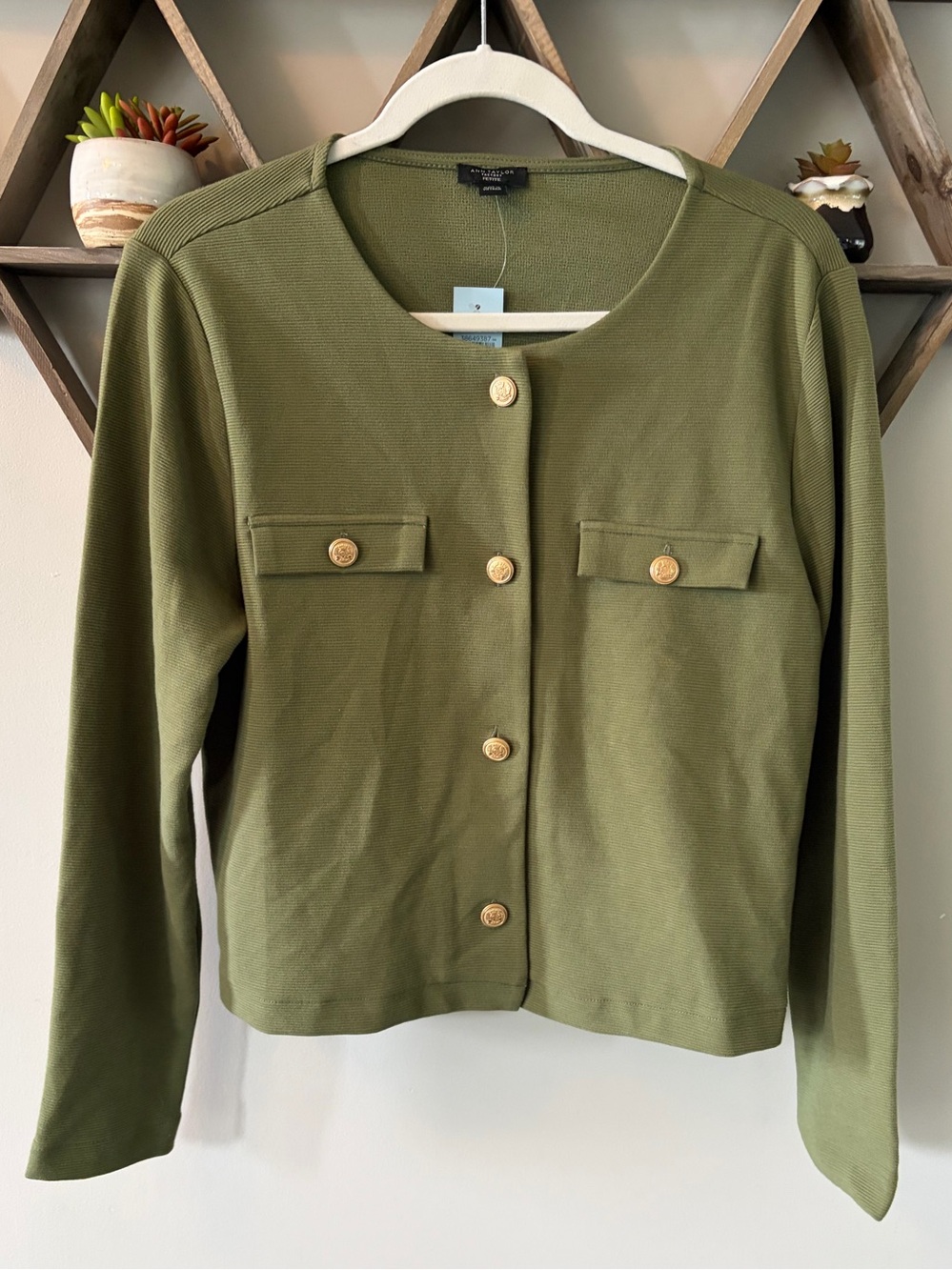 Ann Taylor Factory olive knit sweater jacket gold buttons. Sz Large Petite NWT
